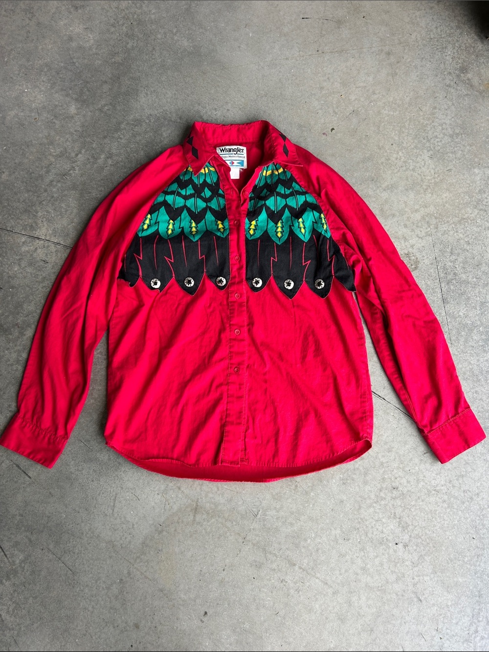 Vintage Wrangler Western Shirt Southwestern Aztec Rodeo Red Button Up